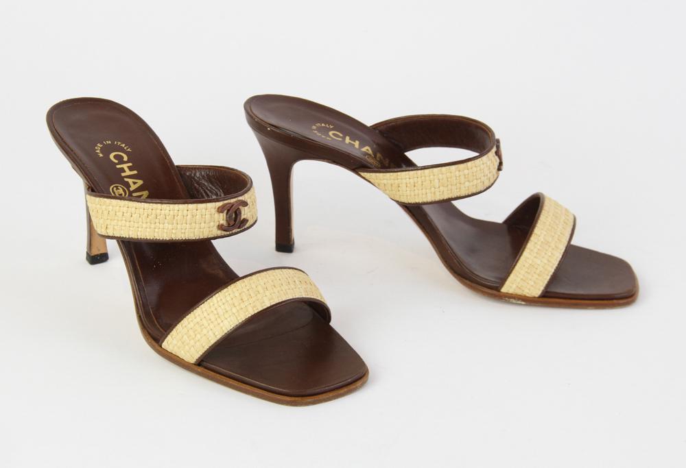 Chanel Brown and Raffia High Heel Mules: Chanel brown and raffia high heel mules. Size 37 1/2.