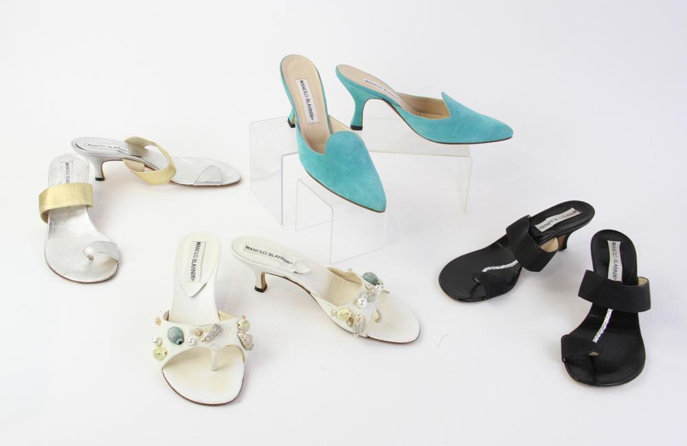 Manolo Blahnik Dressy and Casual Slides: Four pairs of Manolo Blahnik dressy and casual slides. All size 37 1/2.