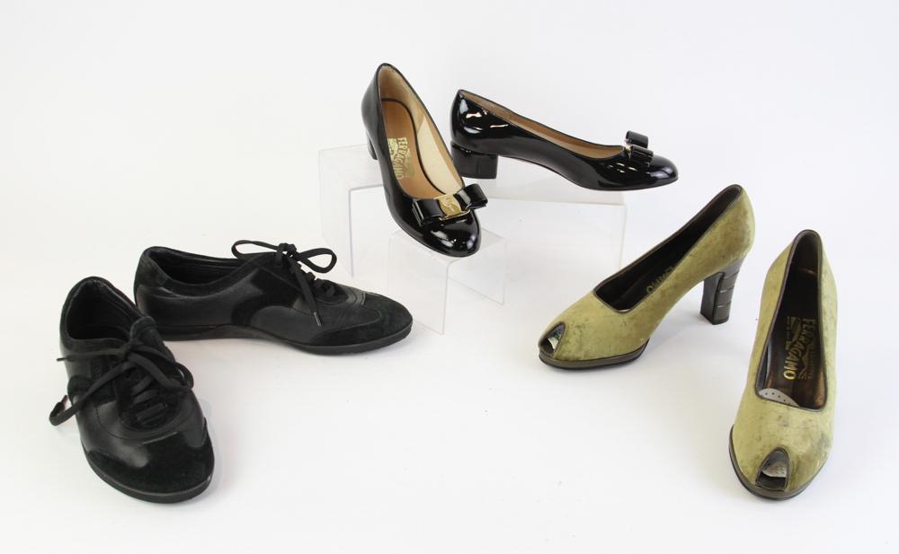 Ferragamo Shoes: Four pairs of Ferragamo shoes. Size 37 1/2 to 38.