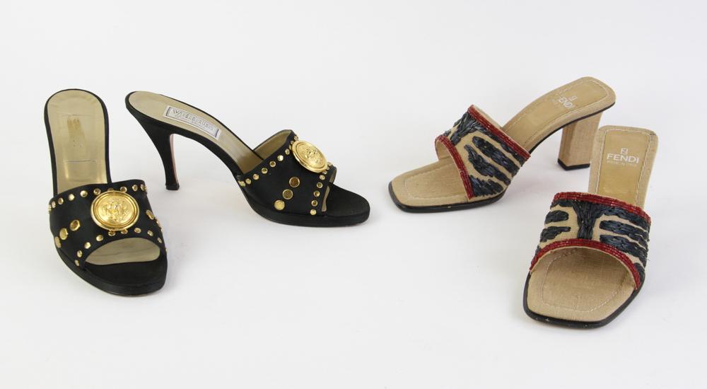 Fendi and Versace Slides: Two pairs of slides, one Fendi, one Versace. Both size 37 1/2.