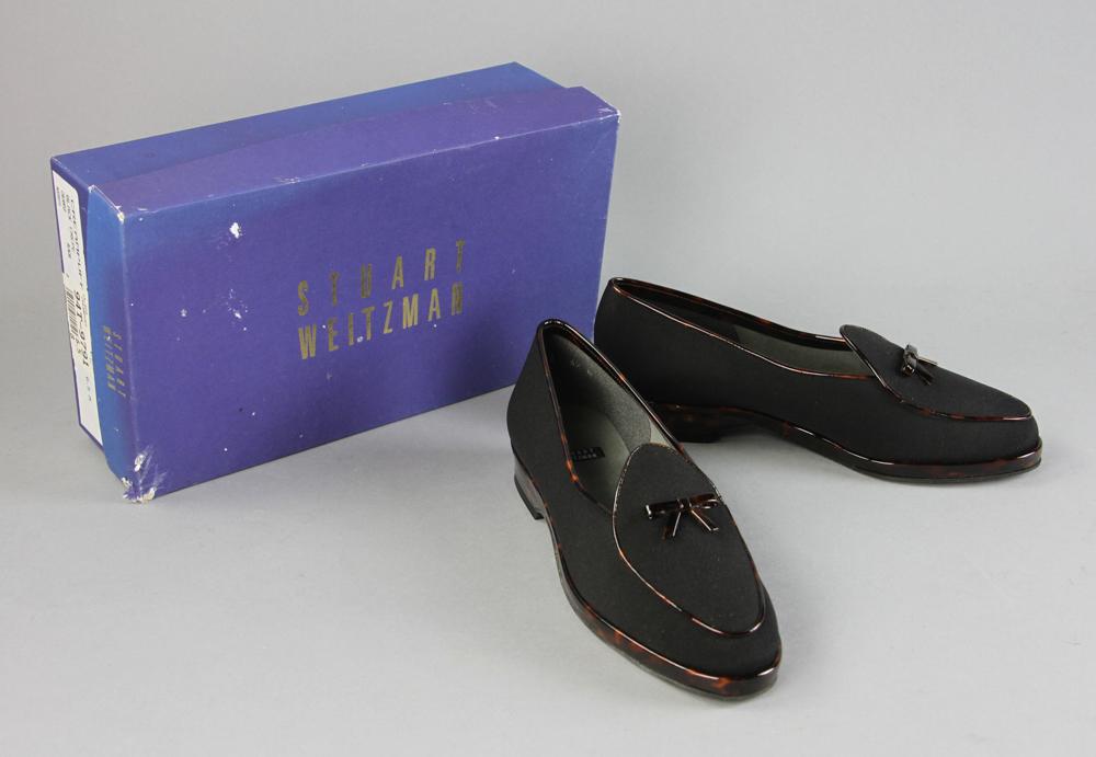 Stuart Weitzman Black Crepe Loafers: Stuart Weitzman black crepe loafers with tortoise trim and bow on toe, size 6 1/2.