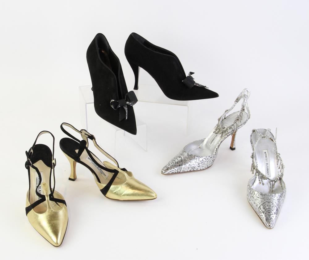 Manolo Blahnik and Sergio Rossi Shoes: Three pairs of shoes, to include two pairs of Manolo Blahnik slingbacks, size 37 1/2, and one pair of Sergio Rossi pumps, size 38.