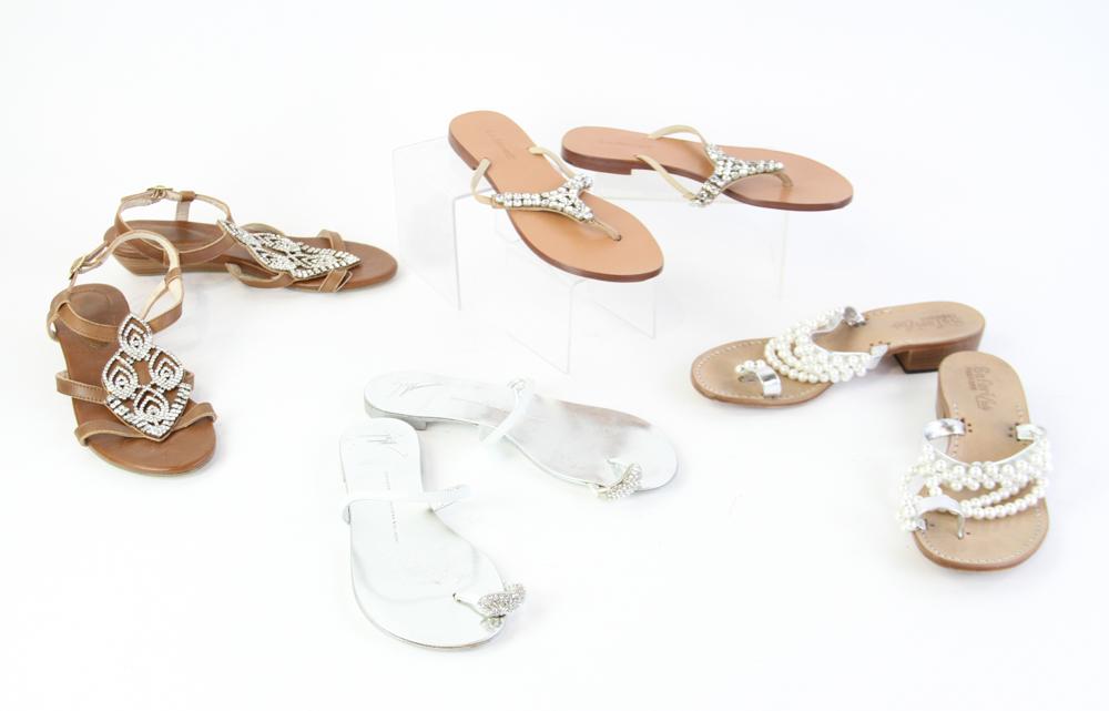 Dressy Flat Sandals with Pearls and Rhinestones: Four pairs of dressy flat sandals with pearls and rhinestones. Size 37, 37 1/2 and 38.