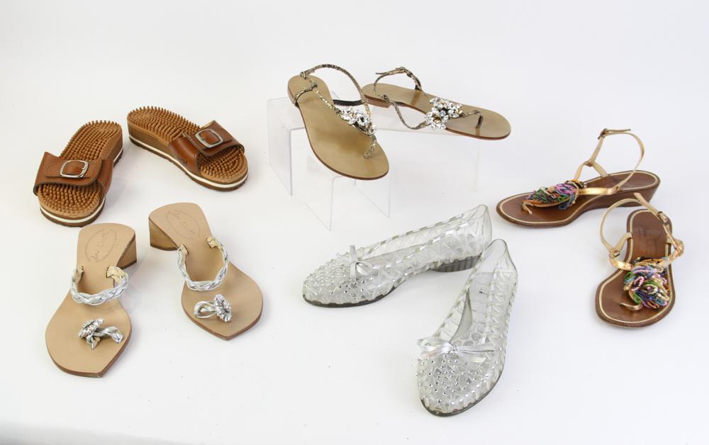 Dressy and Casual Summer Sandals: Five pairs of dressy and casual summer sandals. Size 7 and 37 1/2.