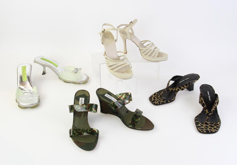 Sacha, Fantini, Molina, Armani Shoes: Four pairs of shoes, to include Sacha camouflage wedges, size 7B, Fantini slides, size 37, Carlos Molina animal print slides, size 7 1/2, and Giorgio Armani bone leather ankle straps, size 37 1/2.