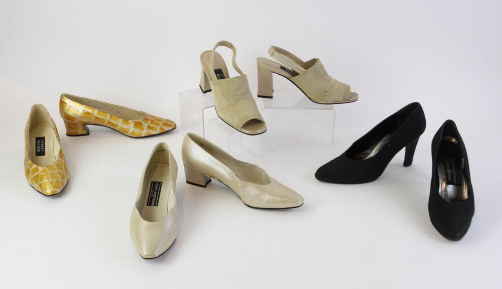 Stuart Weitzman Pumps and Slides: Four pairs of Stuart Weitzman shoes, to include gold patent leather pumps, bone leather pumps, black satin pumps, and beige fabric slides. All size 7 1/2.