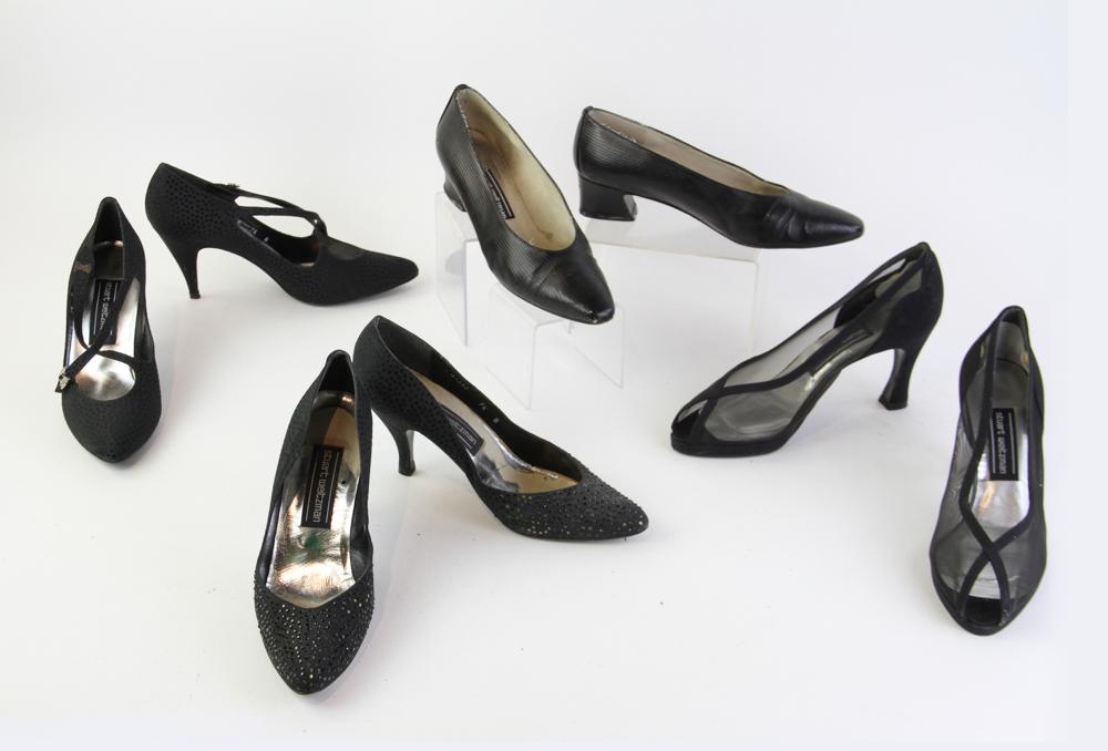 Stuart Weitzman Evening Shoes, Pumps: Three pairs of Stuart Weitzman shoes, to include three pairs of black evening shoes, and one pair black low heel leather pumps. All size 7 1/2.