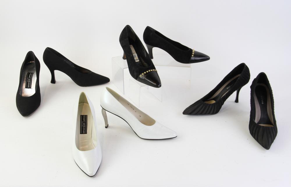 Weitzman, Marion, Laura B Leather Pumps: Four pairs of leather pumps, to include Stuart Weitzman white, size 7 1/2M, Ann Marino, size 7M, Stuart Weitzman black, size 7 1/2M, and Laura B., size 37 1/2.