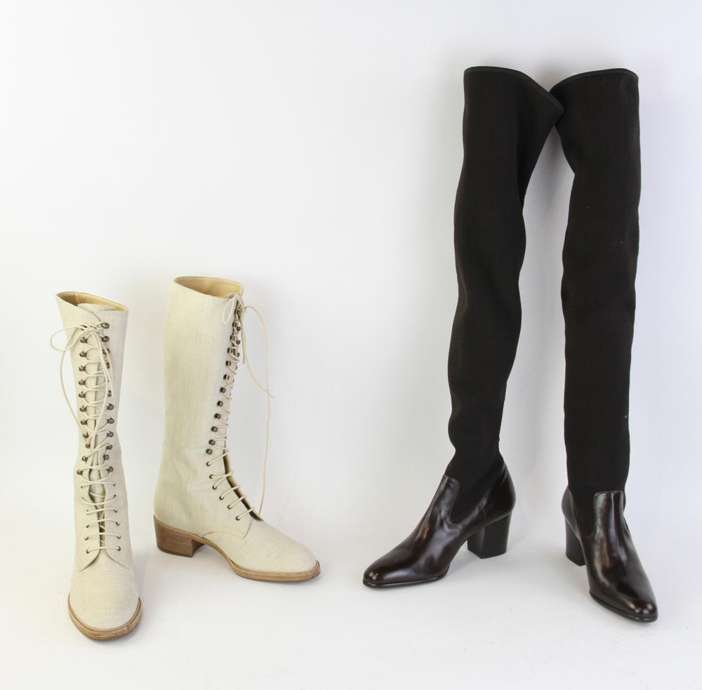 Russell Bromley and Pied a terre Boots: Two pairs of boots, to include Russell Bromley beige canvas lace-up boots, size 37 1/2, and Pied a terre brown over-the-knee boots, size 37 1/2.