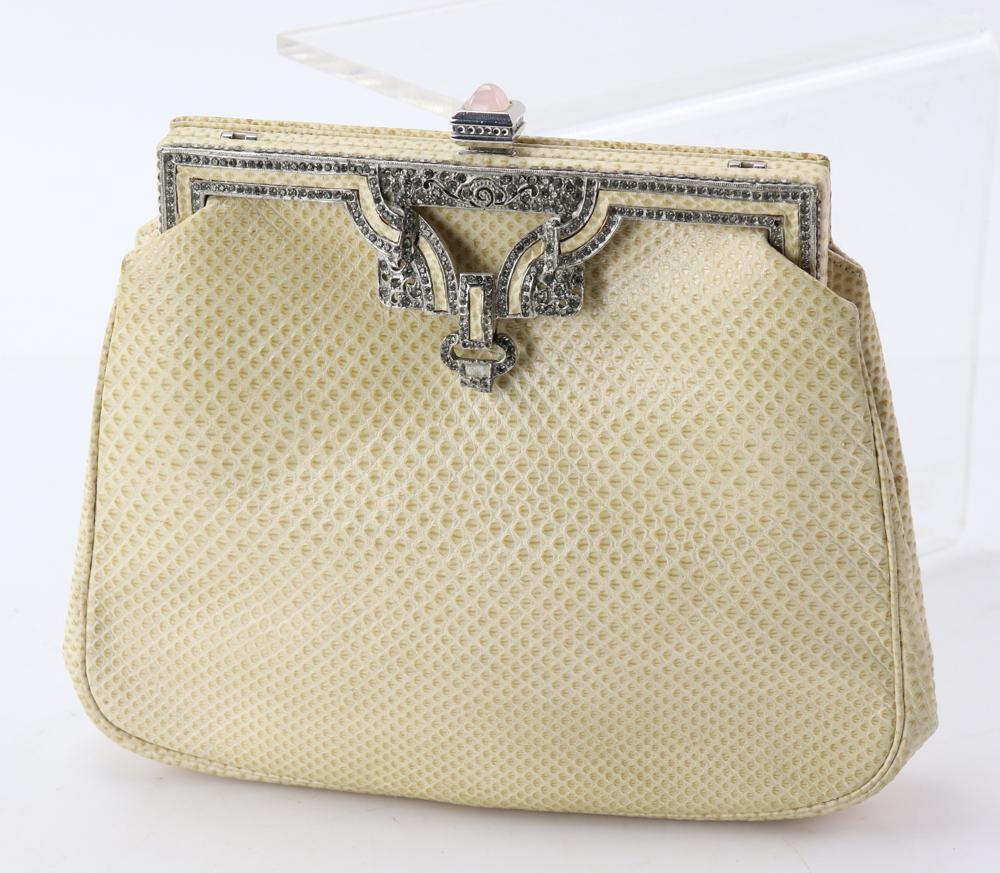 Judith Leiber Ivory Snakeskin Bag: Judith Leiber ivory snakeskin bag with rhinestone trim.