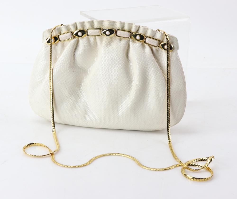 Judith Leiber Ivory Snakeskin Bag: Judith Leiber ivory snakeskin bag with stone trim.