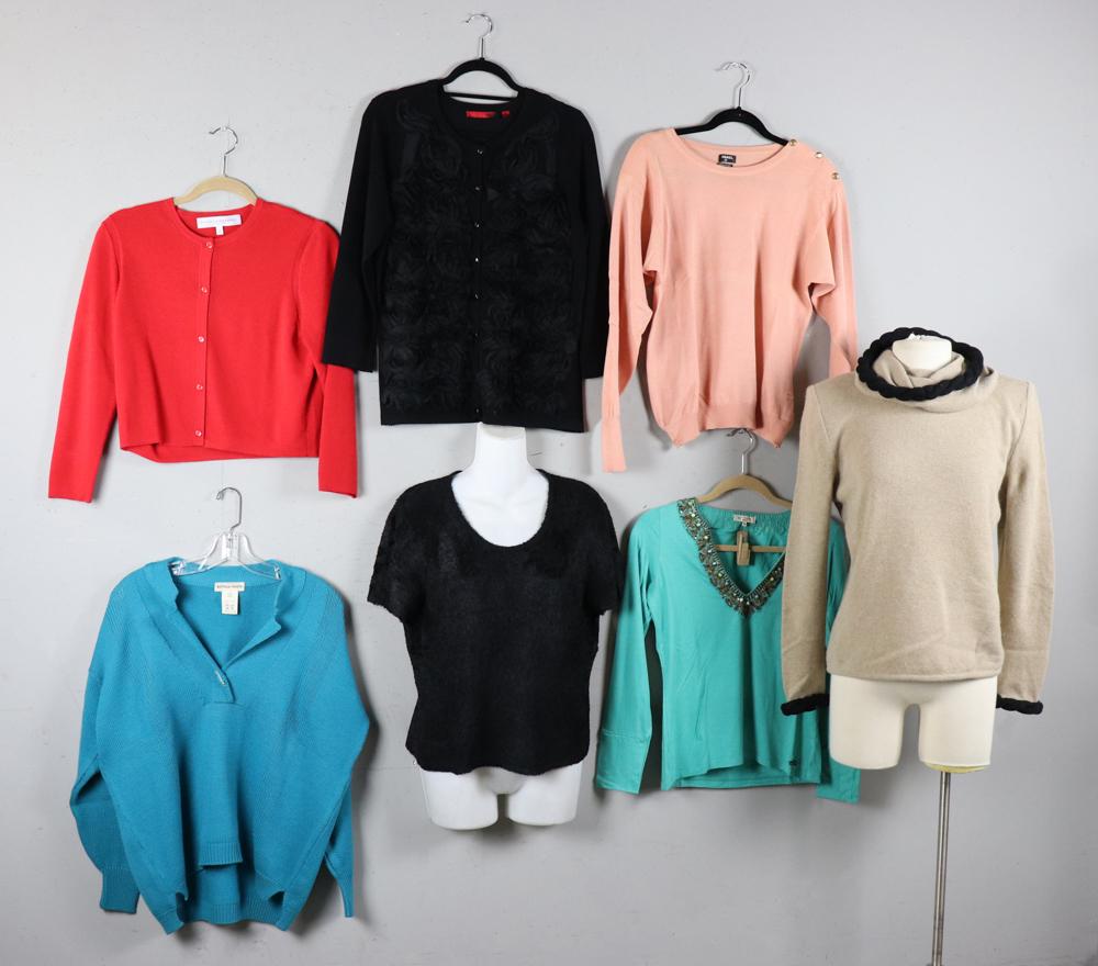 Ladies Sweaters, Valentino, Etro, Chanel: Seven ladies' sweaters, to include Valentino, Etro, Botega Veneta, Chanel, Emanuel Ungaro, Carolina Herrera. All size L.