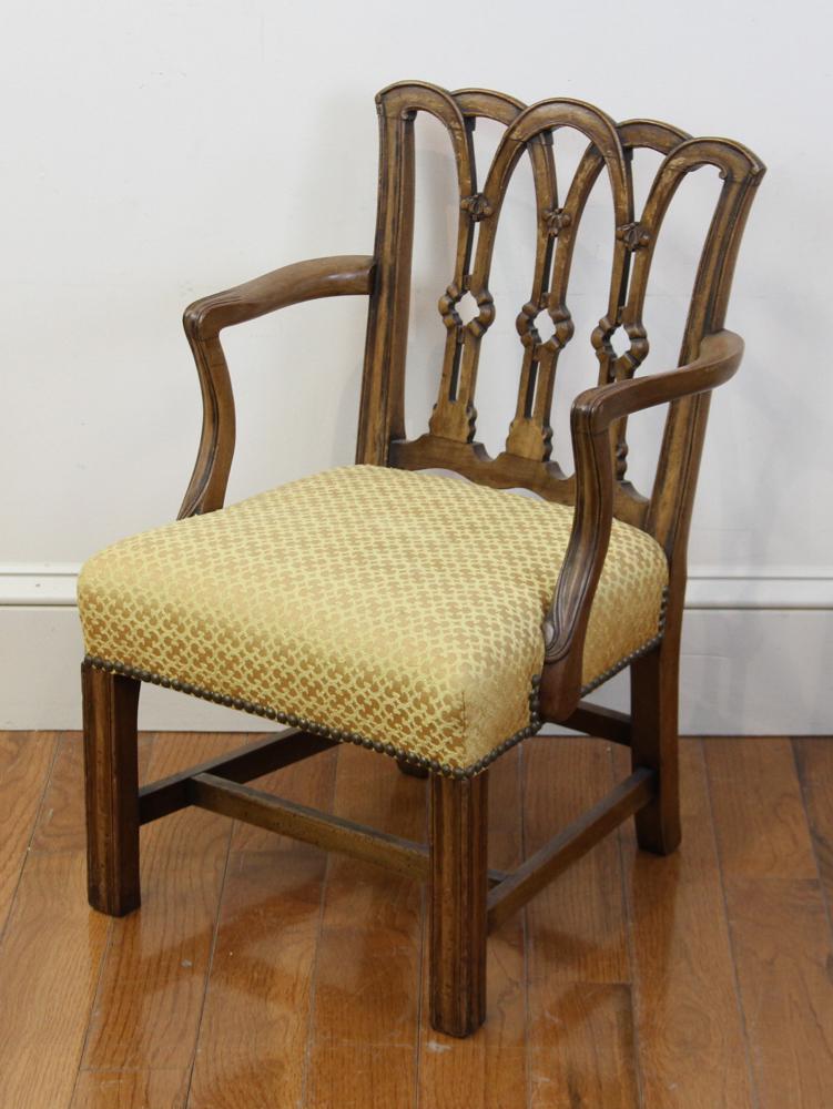Chippendale Style Diminutive Armchair: Chippendale-style mahogany armchair of diminutive size, 24 1/2" H x 16 1/2" W x 14" D. Provenance: Other estates.