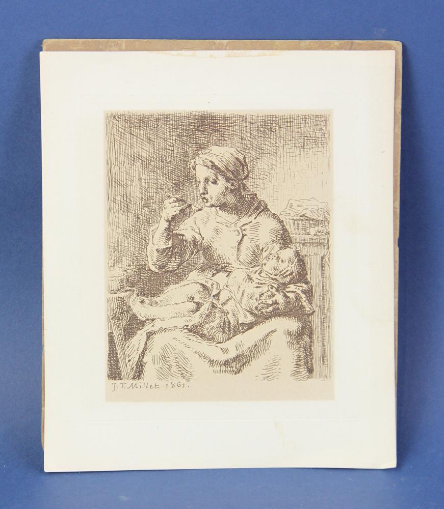 Jean-Francois Millet " Woman Feeding a Child" Print: Jean-Francois Millet " Woman Feeding a Child", 6 3/4" x 5 1/4", image size, dated 1861. Provenance: Other estates.