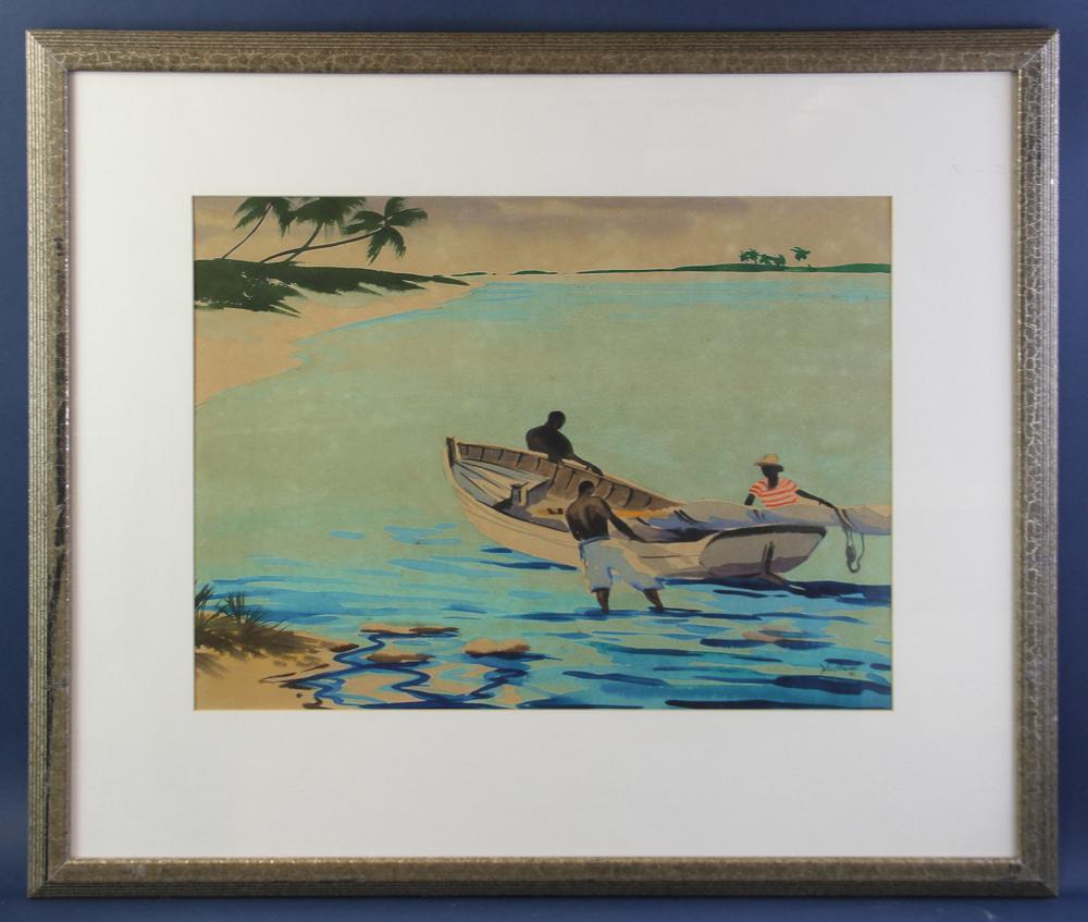 John Ward, Men in Sailboat, Watercolor (1 of 5)