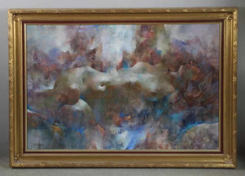 Richard C Ward, Abstract Reclining Nude, Oil on Canvas: Richard C. Ward, abstract reclining nude, oil on canvas, signed R.C. Ward L/L, 28" x 42", framed 35" x 49". Provenance: Dr. Robert Shafer collection.