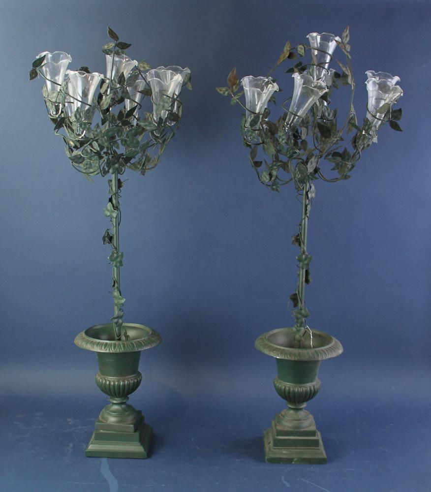 Cast Iron Wrought Topiaries: Green painted cast iron/wrought topiaries, 36" x 8".