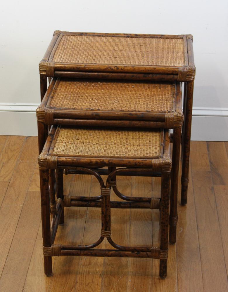 Bamboo Style, Three Nesting Tables with Wicker Tops (1 of 6)