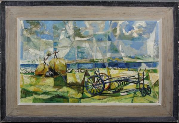 Hazard Durfee, Cubist Hay Field, Rhode Island: Hazard Durfee (1917-2003), Cubist hay field, Rhode Island, signed, 22 1/2" x 37 1/2", in frame 31" x 46".