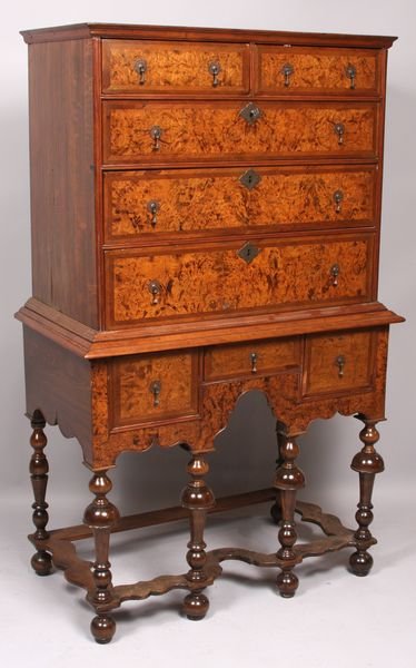 18th C. NE Willam and Mary Burlwood Highboy: 18th Century Willam and Mary burlwood highboy, New England origin, possibly Salem or Ipswich, Massachusetts, 62"h.; upper case 33 3/4"w. x 18 1/2"d.; lower case 36"w. x 20 1/2"d.