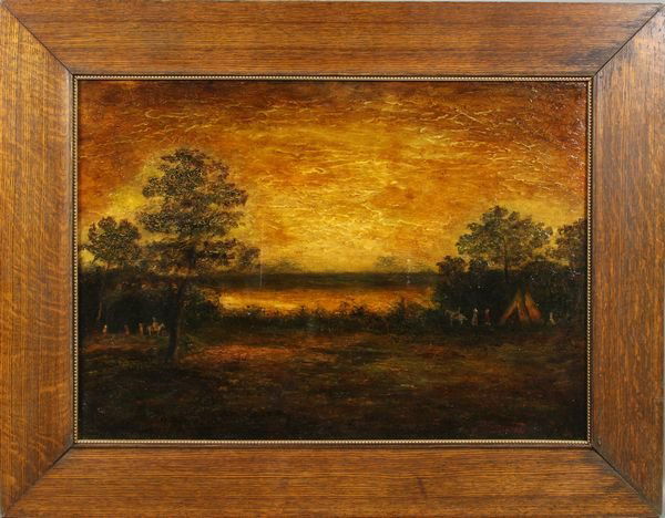 R.A. Blakelock, Indian Encampment, o/panel: Ralph Albert Blakelock (American, 1847-1919), Indian encampment, oil on wood panel, signed LR, 19 3/4" x 27 3/4", in frame 27 1/2" x 35".