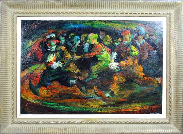 SIGNED IVER ROSE, CLOWNS, OIL ON MASONITE: Iver Rose (American, 1899-1972), "The Clowns are Coming", oil on masonite, 24" x 36", signed LR and with title inscribed verso. Good condition. In a frame measuring 33" x 45".