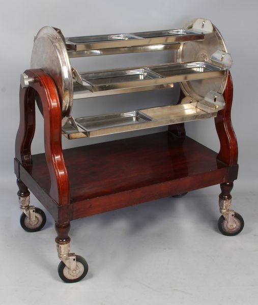 Grand Scale Silverplated Mahog Dessert Cart: Grand scale formal silverplated mahogany dessert cart, Ritz Carlton, Boston, 50"h. x 52"l. x 24"w.