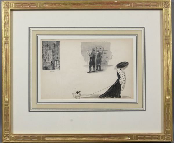 Frank Vining Smith, "High Society", Ink and w/c: Frank Vining Smith (American, 1879-1967), "High Society" pen and ink / watercolor, Pinckney St. Boston, 6 1/2" x 10", in frame 15 1/2" x 18 1/2".