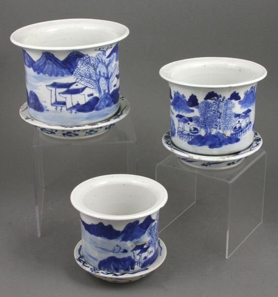 19th C. Chinese Quanxi Graduated Pots/Trays: Three (3) 19th Century Chinese Quanxi blue and white graduated pots on undertrays, 3 1/2" x 4 1/4", 4 1/4" x 4 3/4", 5" x 5 1/2". Minor chip on tray; otherwise good condition.