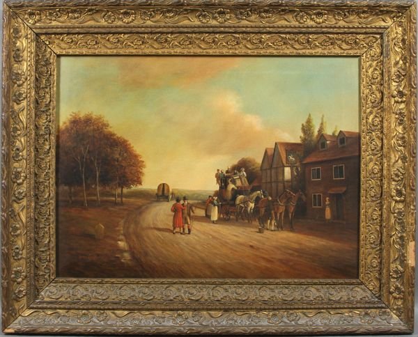 Brian Coole, English Coach Station, o/c: Brian Coole (British, b.1939), English coach station, o/c, signed LR, 20" x 27", in frame 29" x 35 1/2". Good condition.