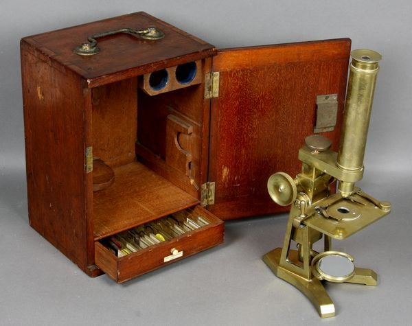 19/20th C. Brass Microscope, Pillischer, London: Late 19th/early 20th Century Pillischer of London No. 1245 brass microscope with case and specimen slides, case 10"h. Good condition.