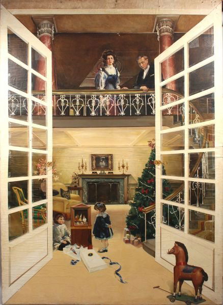 Monumental Painted Wall Mural, Nutcracker Scene: Large monumental painted wall mural, scene of the Nutcracker on Christmas Eve, o/c, mounted on plywood, 124" x 90 1/4". Small holes and crackle throughout. Provenance: originally hung in the Ritz Carl