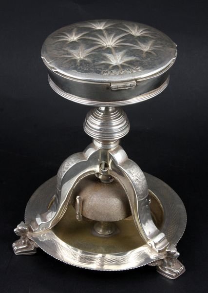 19/20th C. Lilley Cigar Cutter and Snuff Stand: Late 19th/early 20th Century G. Lilley & Co. Sheffield silverplate hotel lounge cigar cutter and snuff stand with call bell, 8 1/4"h. Good condition.