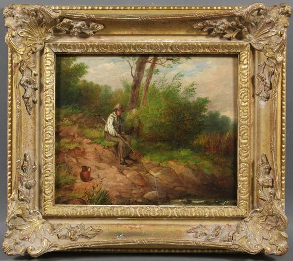 W.F. Witherington, Old Man Fishing, o/panel: William Frederick Witherington (British, 1785-1865), old man fishing by the river, oil on panel, signed LL, 9 3/4" x 11 3/4", in frame 14 1/2" x 15 3/4". Good condition.