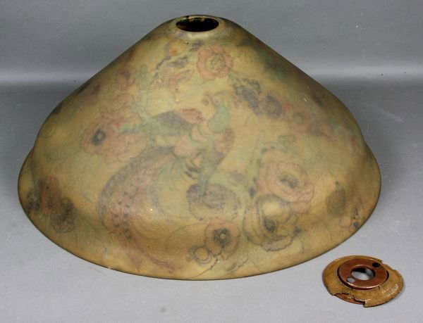 C1920 Reverse Painted Handel-style Shade: Circa 1920 reverse painted Handel-style lamp shade with floral and exotic bird motif, chipped ice finish, unsigned, 21"dia. 1/4" chip on interior rim; 1/4" chip at fitter rim; copper fitter ring inclu