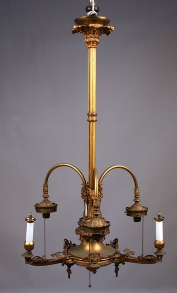 Exceptional 1850s/60s Gas Ceiling Light: Exceptional 1850s/60s gas ceiling light, brass with figural rams' heads, 42 1/2"h. x 21"dia. Old patina.