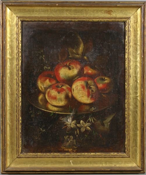 19th C. Continental Still Life Apple w/ Birds, o/: 19th Century Continental still life of apples with birds, o/c, unsigned, 19 3/4" x 15 3/4", in frame 25 1/2" x 21 1/4". Old restoration.
