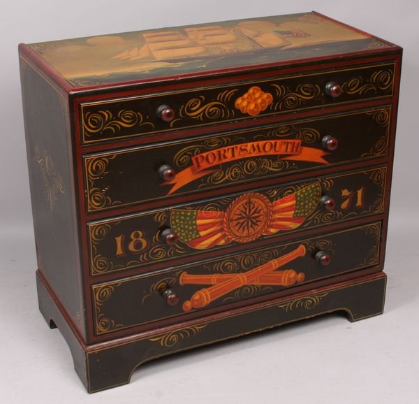 20th C. Portsmouth NH Handpainted Chest: 20th Century Portsmouth, New Hampshire nautical handpainted four-drawer chest, 32"h. x 36"w. x 18"d.