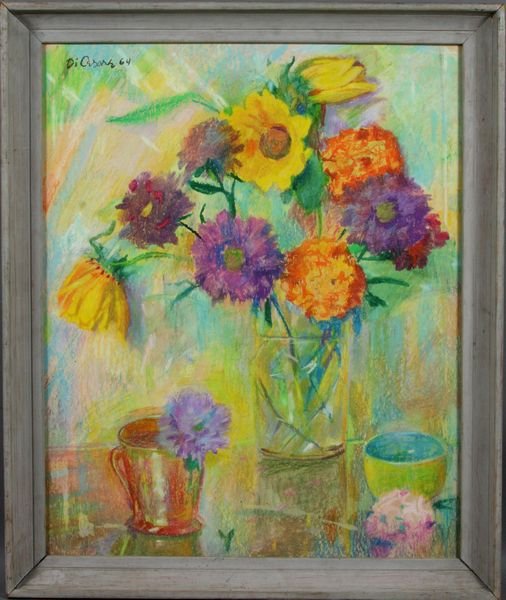 Alfred Di Cesare, Still Life of Flowers, tempera: Alfred Di Cesare (American, 1910 -1993), Still Life of Flowers, tempera on paper, signed, 22" x 12 1/4", in frame 24 1/2" x 20 1/2". Good condition.