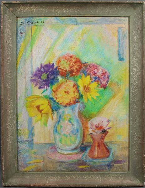 Alfred Di Cesare, Still Life of Flowers, tempera: Alfred Di Cesare (American, 1910 -1993), Still Life of Flowers, tempera on paper, signed UL and dated [19]64, 22 1/4" x 16", in frame 26" x 21 1/2". Good condition.