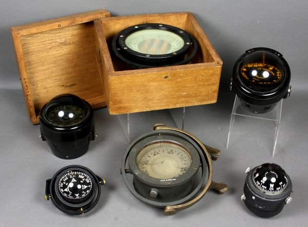 (6) Compasses, Airguide, Corsair, Ritchie, etc.: Group of six (6) compasses, to include Airguide, Kelvin White Corsair, Ritchie, Danforth White Corsair, English compass, Star Pathfinder box compass, largest 6 3/4"dia.