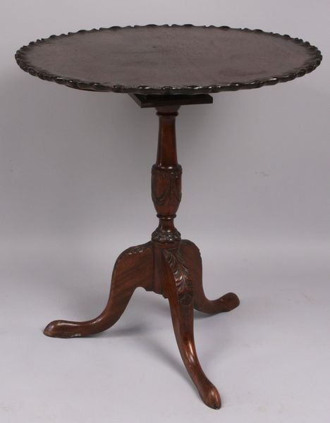Custom Chippendale Mahogany Tilt-top Table: Custom Chippendale mahogany tilt-top table with pie crust edge, 29"h. x 27"dia. Good condition.