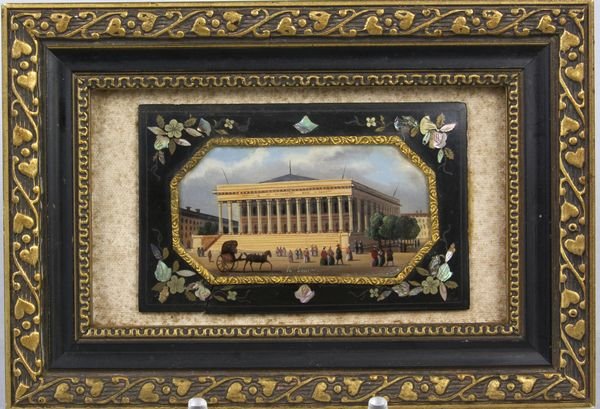 19th C. French Grand Tour Reverse Painting: 19th Century French Grand Tour reverse painting on glass, "La Bourse", mounted in papier mache with mother-of-pearl frame, entire piece mounted in later frame. Painting 1 1/2" x 2 3/4"; papier mache f