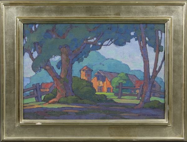 Glenn Sheckels, "The Farm", o/c on Board: Glenn Sheckels, "The Farm", o/c on board, 10 1/2" x 15 1/2", in silver leaf frame 15 1/2" x 20 1/2".