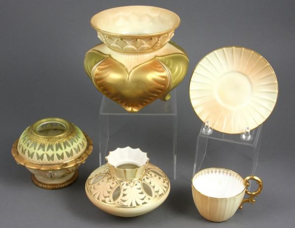 Four Pieces of late 19th/early 20th Century Royal: Four Pieces of late 19th/early 20th Century Royal Worcester porcelain to include demitasse cup and saucer, two potpourri dishes, relief molded vases, 4 3/8"h. All good condition, (1) potpourri is miss