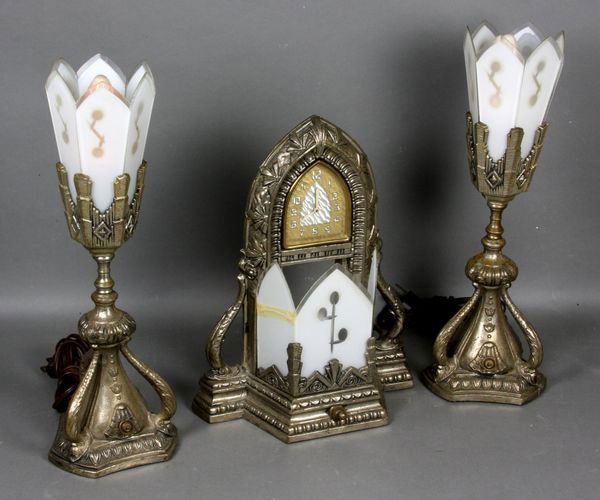 Art Deco 3-pc Garniture Suite, Clock w/ Lamps: Art Deco 3-piece mantel suite, white metal lamps, 19 1/2"h., and clock, 12". Good condition.