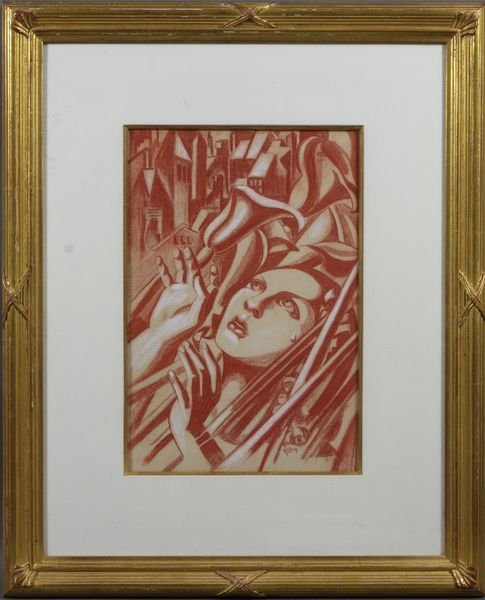 Signed Helen, 1920s Deco Woman, Drawing: Signed Helen, 1920s Art Deco woman looking up in a field of lilies, white and orange crayon drawing, 15" x 10", custom gold leaf framed and matted, 25 1/2" x 20 1/2".