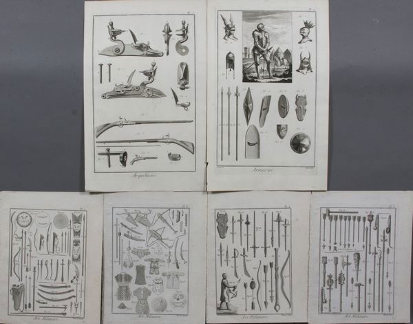 (6) 18/19th C. Engravings, Weapons & Armor: Group of six (6) 18th/19th Century French bookplate engravings of military weapons and armor, largest paper 15 3/4" x 10". Slight foxing and small edge chips.