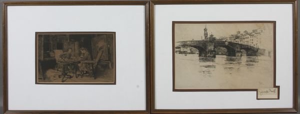 (2) 19th C. Engravings, Pennell, Meissonier: Two (2) 19th Century engravings, including: Joseph Pennell (American, 1860-1926), view of bridge, plate signed J. Pennell, 1883, image 7 1/2" x 11 1/2", in frame 12 1/4" x 17 1/4"; Jean-Charles Meisso