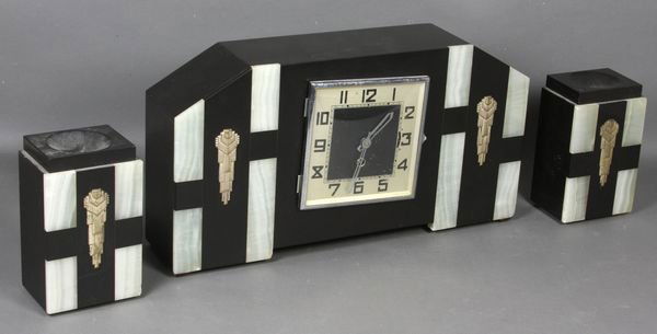 1920s Art Deco 3-pc Clock Set, B&W Onyx: 1920s Art Deco three-piece clock set, black and white onyx, clock 9" x 17 1/2", side ornaments 6 1/2" x 4" x 3".